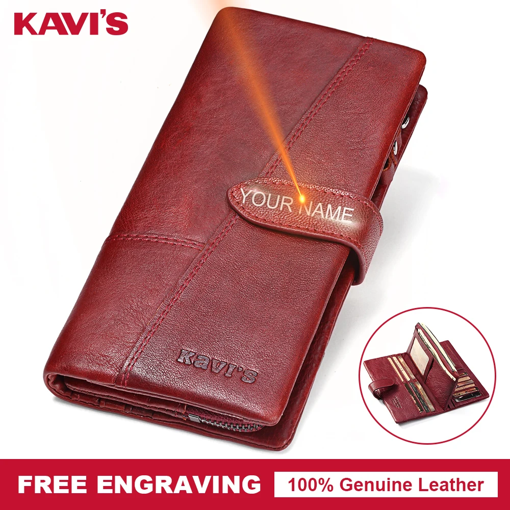 KAVIS Free Engraving Genuine Leather Women Wallet Coin Purse Female Portomonee Lady Long Handy Card Holder Clutch Gift for Name 