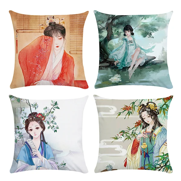 45 * 45cm Chinese Ancient Style Beautiful Scenery and Character Pattern Pillow Cover Suitable for Home Decoration Square Cushion | Дом и сад