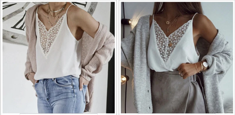 

Women Casual Sleeveless Chiffon vest Lace V Neck Vest Loose Blouse Tank Tops summer women lace vest