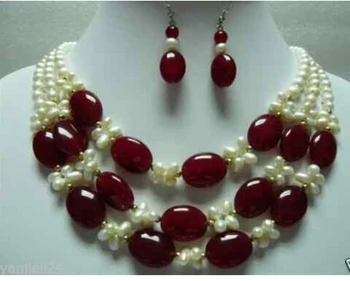 

free shipping $wholesale_jewelry_wig$ Beautiful white pearl red necklace earring set
