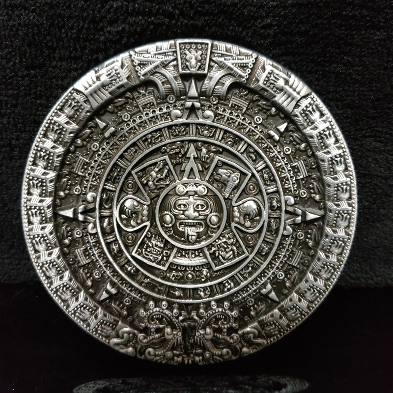 

Vintage Silver Aztec Calendar Cowboy Round Belt Buckle Metal Mens Classic Boucle Ceinture Suit 4cm Width Belt Men Leather Craft
