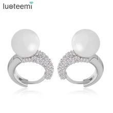 Luoteemi Имитация Жемчуга белого золота-Цвет крошечный CZ Асфальтовая Хооп Серьги Свадебные Для женщин Earing Драгоценности Brinco Perola noiva