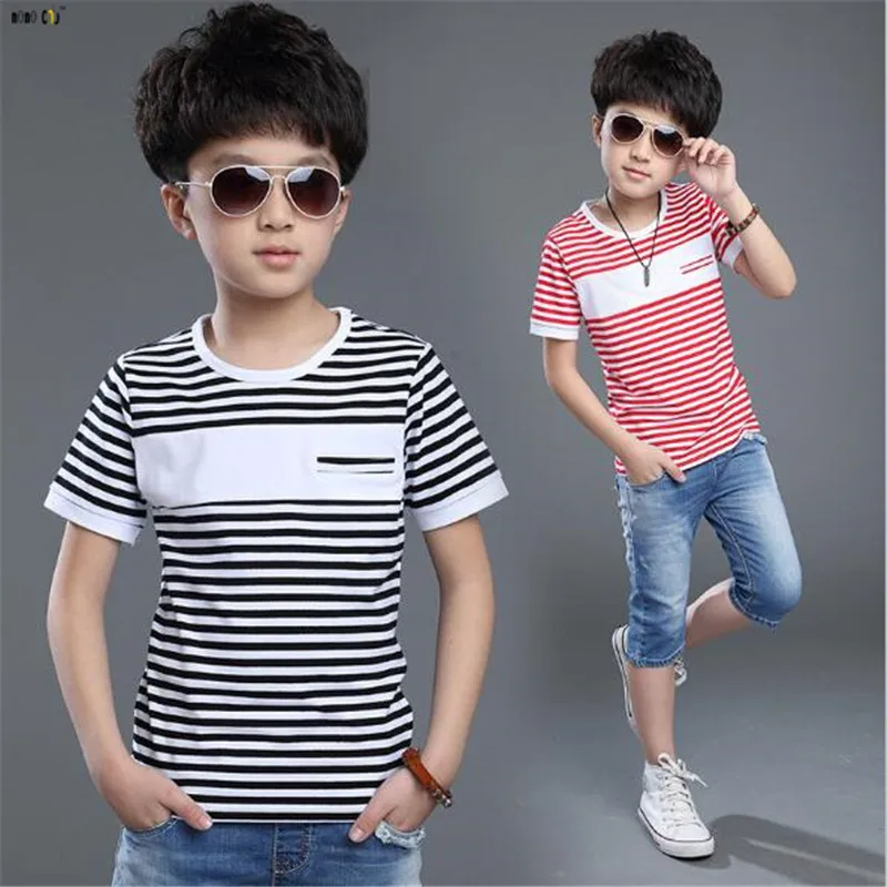 Boy T Shirt Casual Striped Short Sleeve Cotton Teenager Kids Top Tees