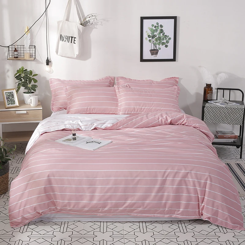 

simple cute pink stripes bedding sets linens Twin/Single/Double/Queen Size duvet cover+bedsheet+pillowcases girls bedclothes