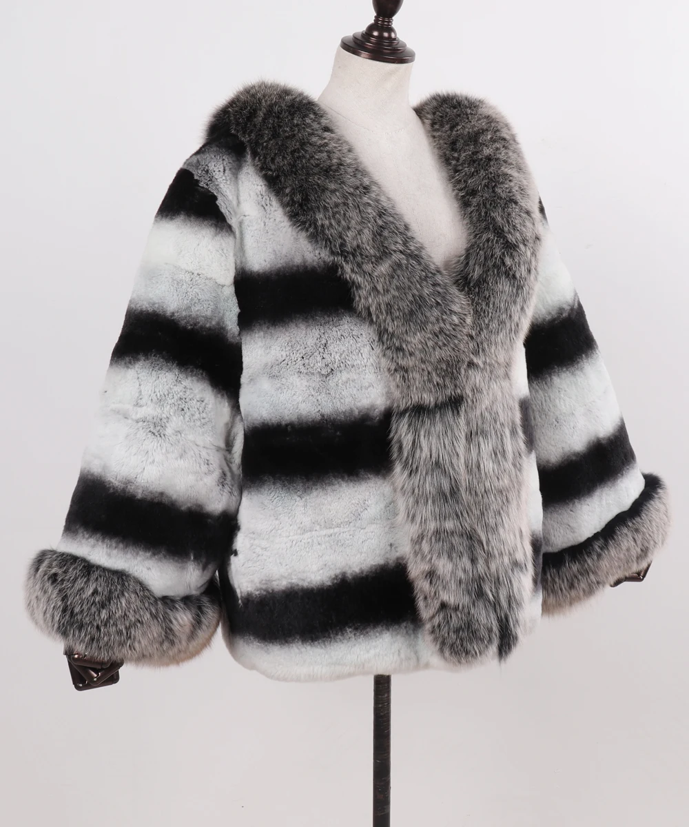 2019 الشتاء المرأة نوعية جيدة ريال ريكس الأرنب الفراء معطف مع فوكس الفراء طوق الطبيعية الدافئة سيدة 100% فراء أرنب ريكس حقيقي سترة