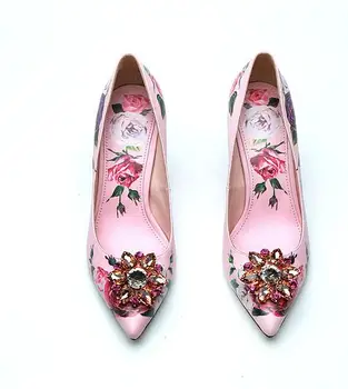 

High Heel Pumps Sexy Crystal Embellished Pointed Toe Stiletto Shoes Flower Print Pattern Leather Shoes Women Low Heels Pumps