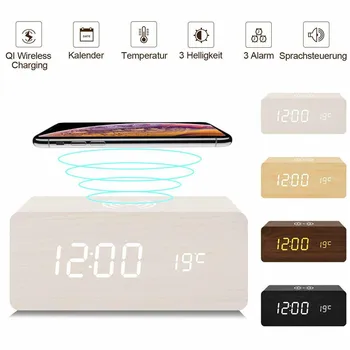 

Sound Control Wooden LED Digital Desk Alarm Clock Qi Fast Wireless Phone Charger