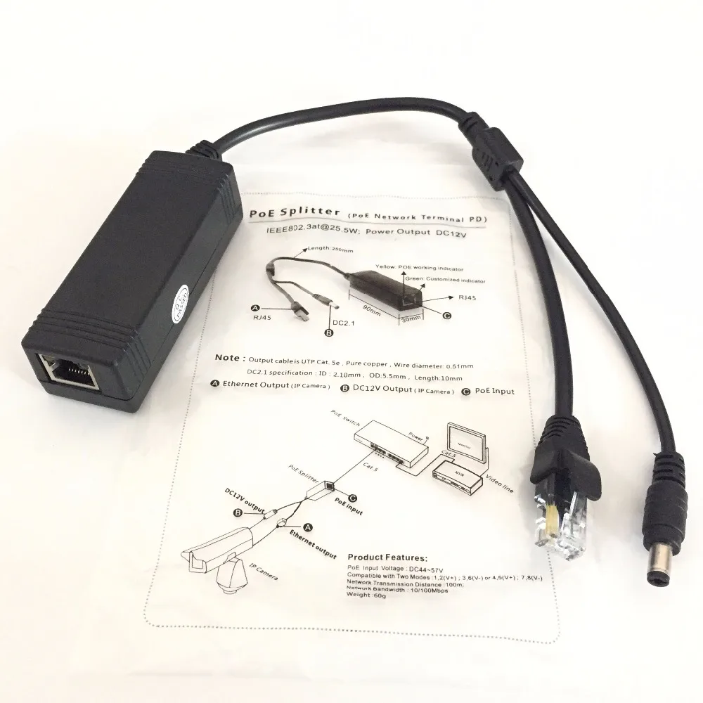 

rj45 POE Splitter IEEE802.3at 25.5w DC 12V Power Output (poe network terminal pd) For h.264/h.265 1080P 4.0mp 5.0mp HD IP Camera
