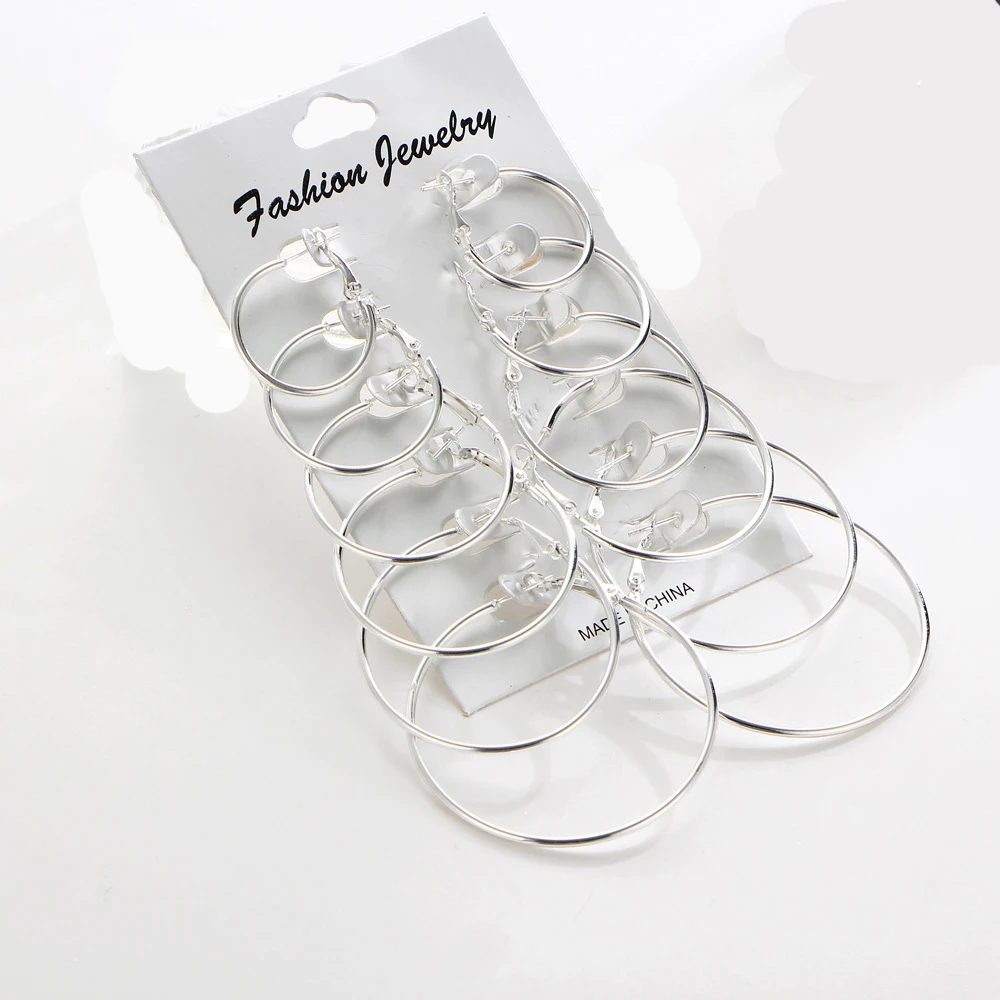 

6 Pairs/set Silver Gold Big Circle Hoop Earrings Ear Clip Brincos Ring Earrings Set Combination for Women Wedding Bride Gift