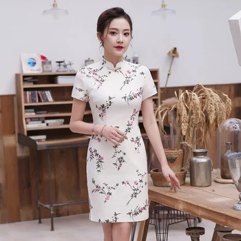

2020 sexy chinese women short sleeve qipao mandarin collar evening party club dress print flower cheongsam vestidos