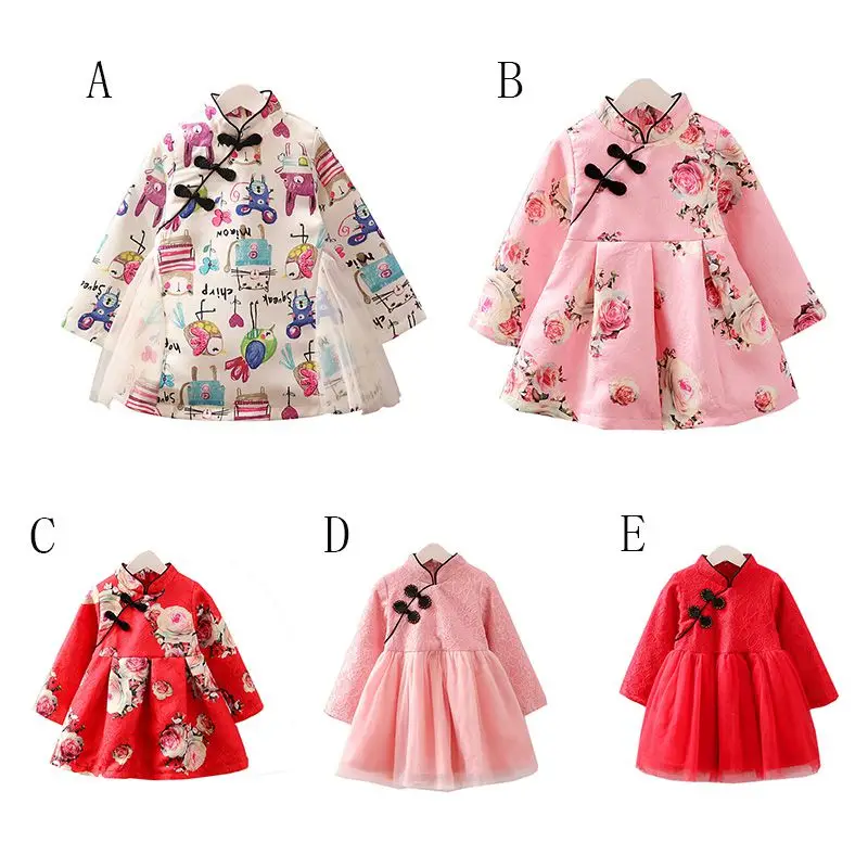 

Cheongsam Kids Dresses For Girls Clothes New Year Girl Dresses With Long Sleeve Print Cheongsam Mesh Dress Children Clothing