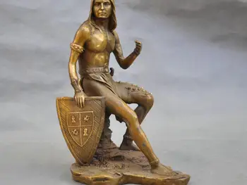 

11'' Pure Bronze Statue Warrior Primitive Man Conan Hold Shield Figurine