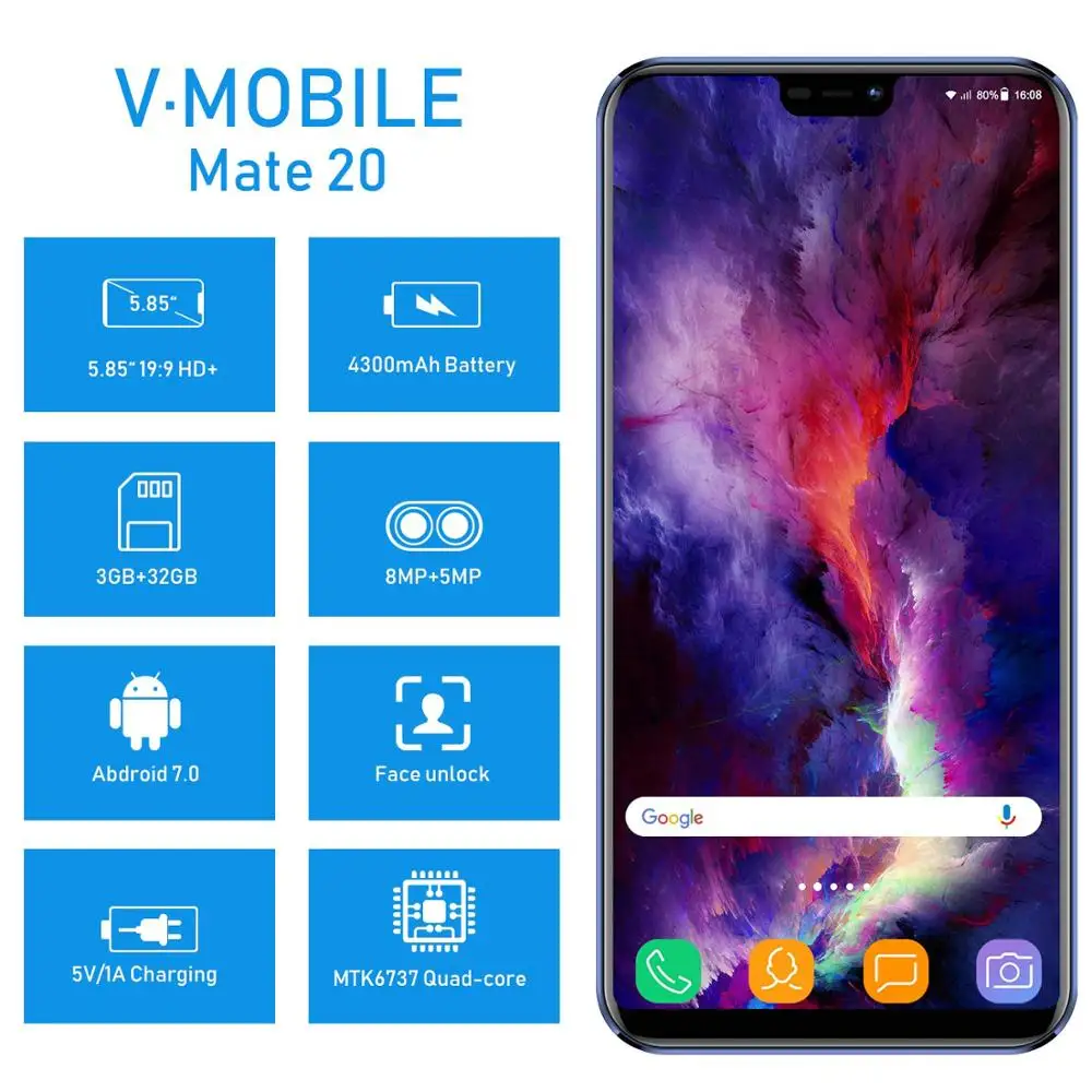 TEENO VMobile Mate 20 Мобильный телефон Android 3 ГБ + 32 5 84 &quot19: 9 Экран отпечатков пальцев 4G LTE