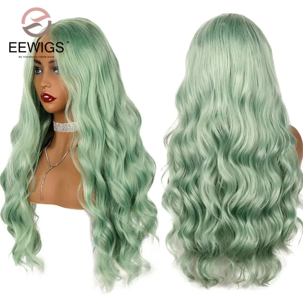 

Middle Part Long Body Wave Lace Wig High Temperature 180% Density Mint Green Synthetic Lace Front Wigs For Black Women