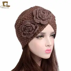 Женская вязаная шапочка, повязка на голову, ручная шапочка с двойным вязаным цветком, зимняя винтажная вязаная тюрбан, повязка на голову