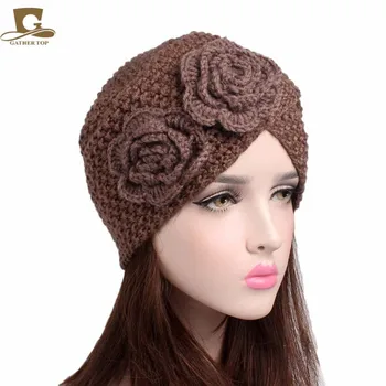 

Women's Knitted Beanie Headband handmade Beanie With double crochet flower Winter vintage Knit Turban Head wrap Hijab Turbante