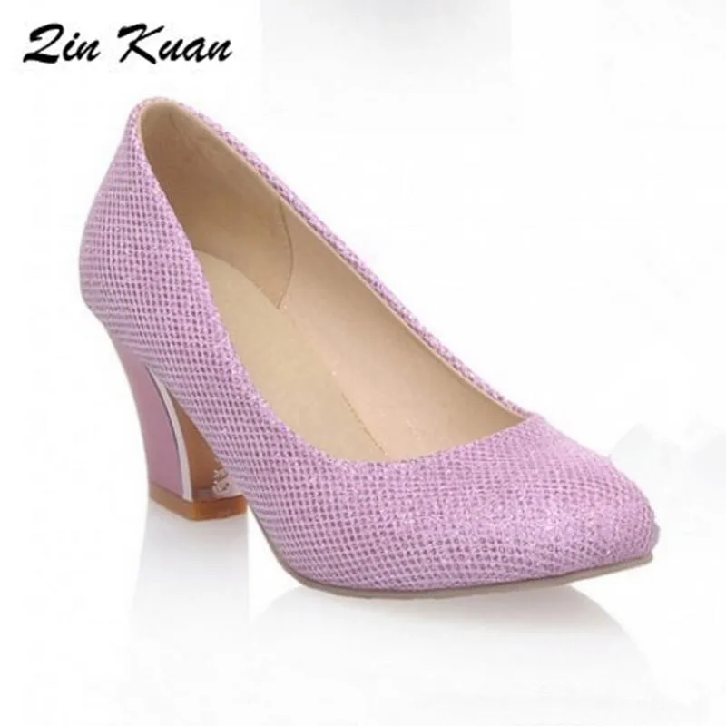 

Big Size 34-43 Women Fashion Pointed Toe Thick Heel Office High Heel Shoes Ladies Sequins Cloth Sweet Party Pumps QKP0056B