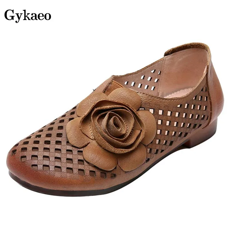 

Summer Casual Shoes Woman Breathable Genuine Leather Cut-Outs Flat Sandals Big Flower Women shoes Soft Bottom Sandals Footwear