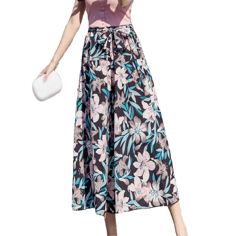 

2019 New Summer Wide Leg Pants Women Loose Bohemian Beach Casual Pants Elastic Waist Print Floral Striped Pantalon Femme Vintage