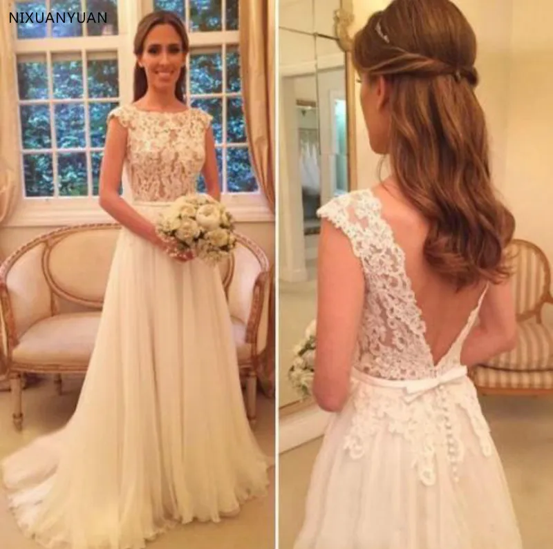

Vestido De Noiva 2019 Lace Tulle Boho Wedding Dresses Summer V Back Cap Sleeve Beach Bridal Gown Bohemian Wedding Gowns