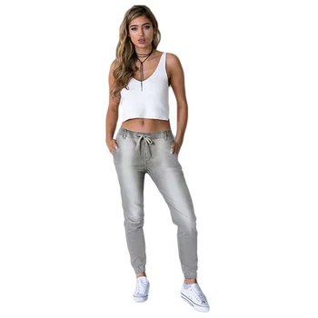 

Women Loose Casual Denim Pants Mid Waist Lace-up Elastic Washed Jeans For Female