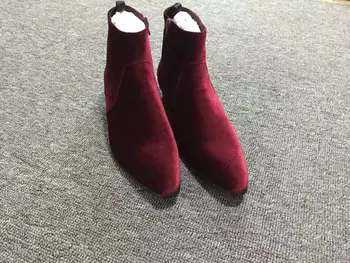 

Fashion Wine Red Velvet Mens Boot Flats Shoes Ankle Booties Pointed toe Zipper Short Chelsea Boot Spring Fall Zip Moto Booties