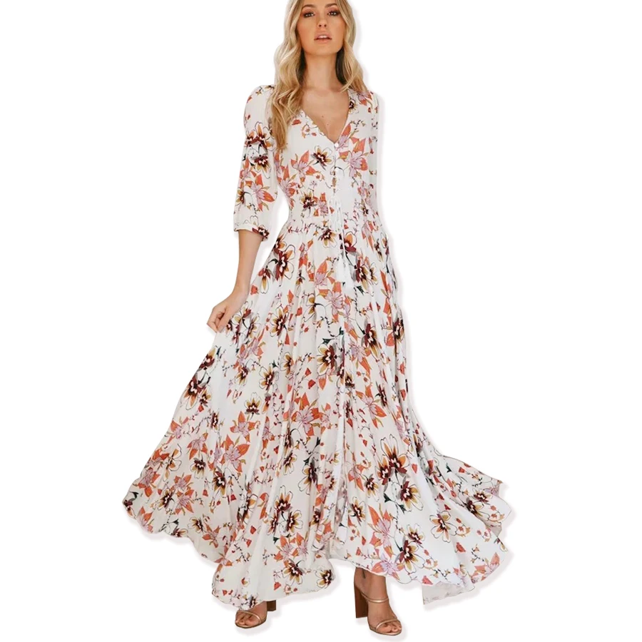 TEELYNN Boho maxi dress 2018 spring floral print cotton sexy v neck