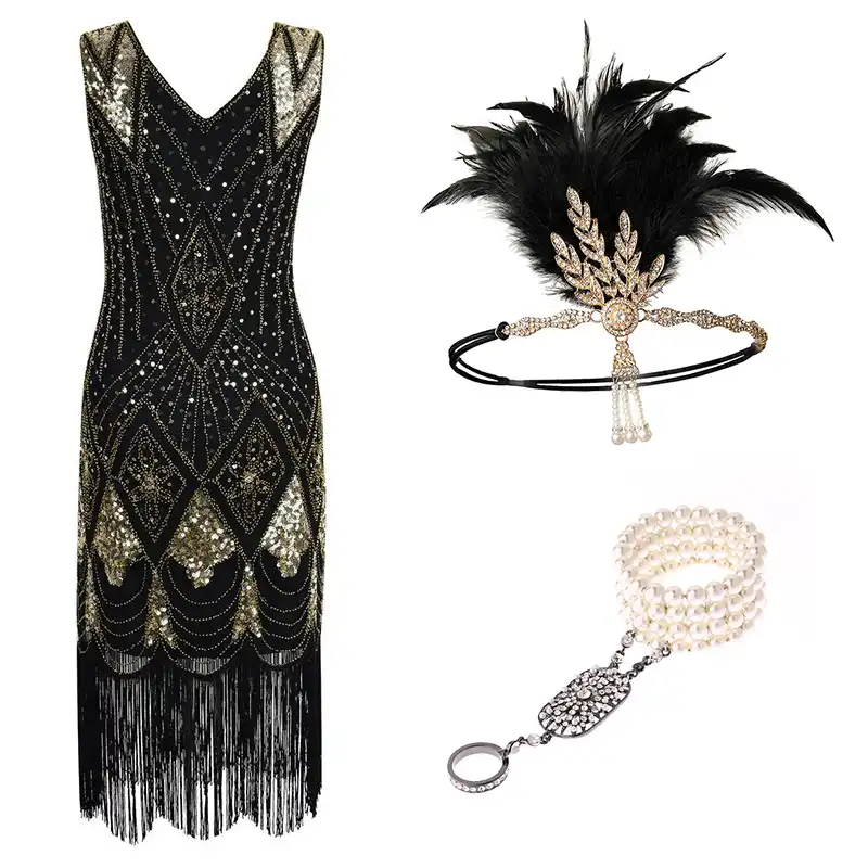 1920s Gatsby Sequin Fringed Paisley Flapper Dress with 20s Accessories