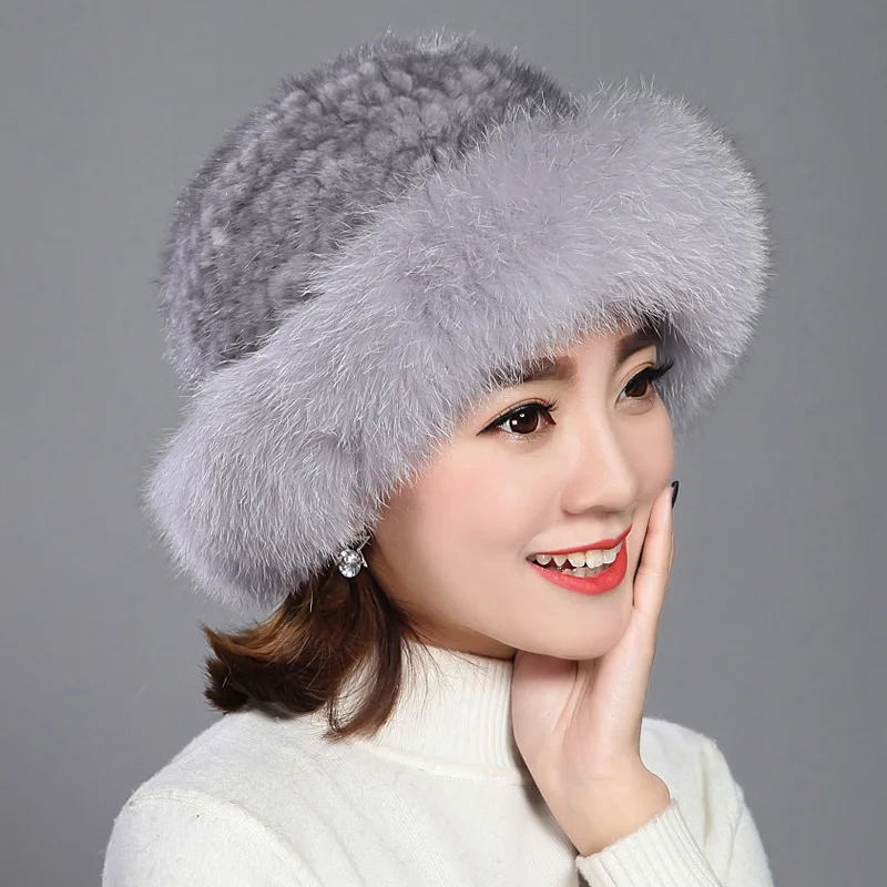 

Glaforny new fashion russian women sun hat style fox fur trim real mink fur hat for women