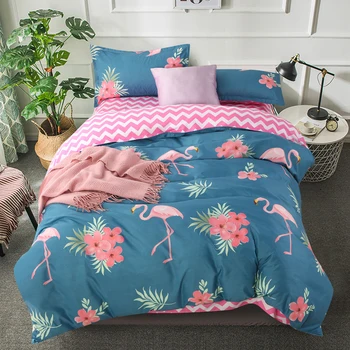 

Pink Flamingo Bedding Set Pastoral style flowers Edredon Duvet Cover Set Bed Sheet Pillow Case 3/4 pcs housse de couette