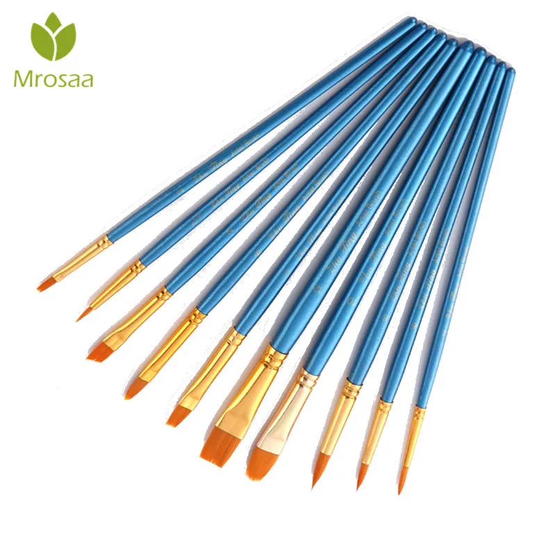 10Pcs Watercolor Gouache Paint Brushes Different Shape Round Pointed Tip Nylon Hair Painting Brush Set Drawing Art Supplies | Канцтовары