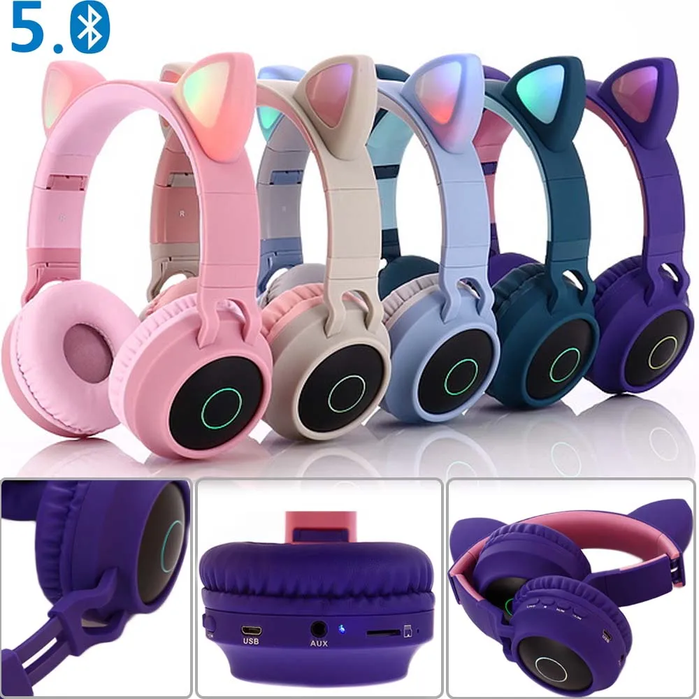JINSERTA Cat Ear LED Bluetooth Headphone Bluetooth 5 0 Kids Headphones Glowing Light Handsfree Headset Gaming Earphones for PC C