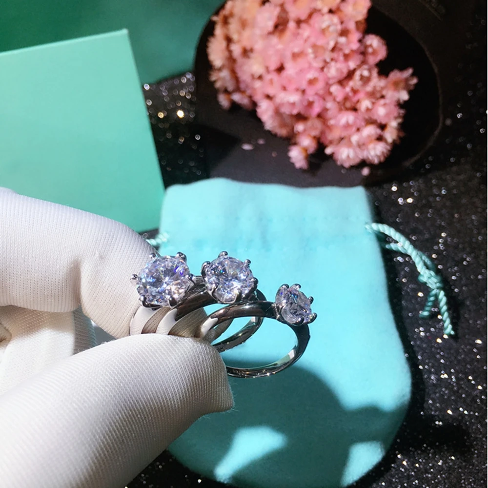 S925 серебристый Обручение кольцо 6 когти Дизайн 1ct 2ct 3ct aaa белый кубический циркон