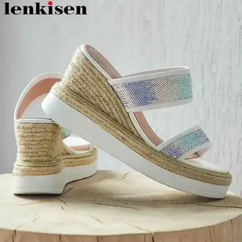 

Lenkisen sequined cloth cow leather wedges platform high heels peep round toe straw decoration retro leisure gladiator shoes L01