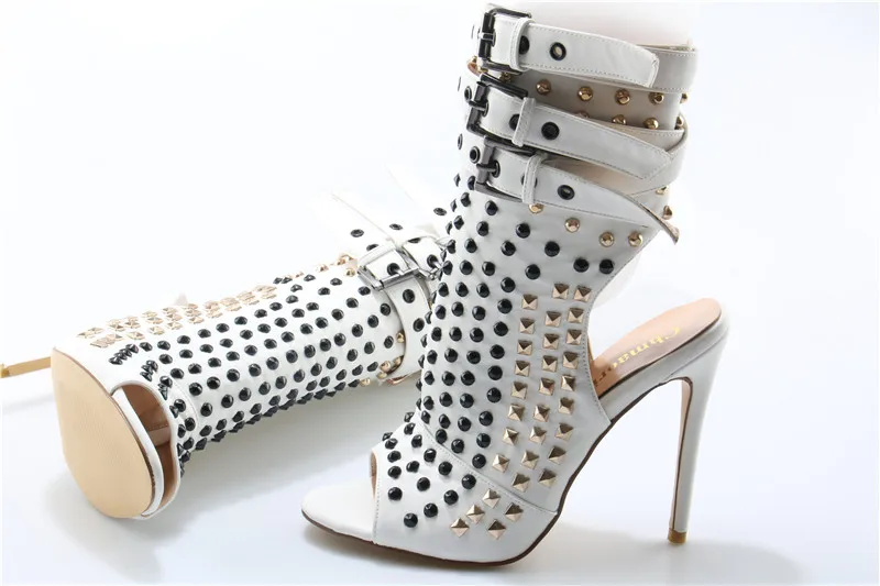 

Chmaori New Fashion Women Open Toe Rivet Short Gladiator Boots Back Cut-out Spike High Heel Ankle Booties Sexy Shoes