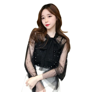 

Women Summer Long Flare Sleeve Bow Tie Mesh Blouses Camis+Transparent Sexy Mesh Shirts Women Rivet Pearl Tops