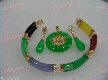 

Free Shipping >> Beautiful Multicolor Jade Link Bracelet Green Jade pendant Necklace Earring set