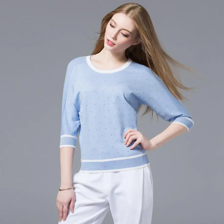 

Free Shipping MLKL New Summer Women Knit Tops Half Batwing Sleeve Color Block Dots Lady Casual Knit Shirt Blue Size M