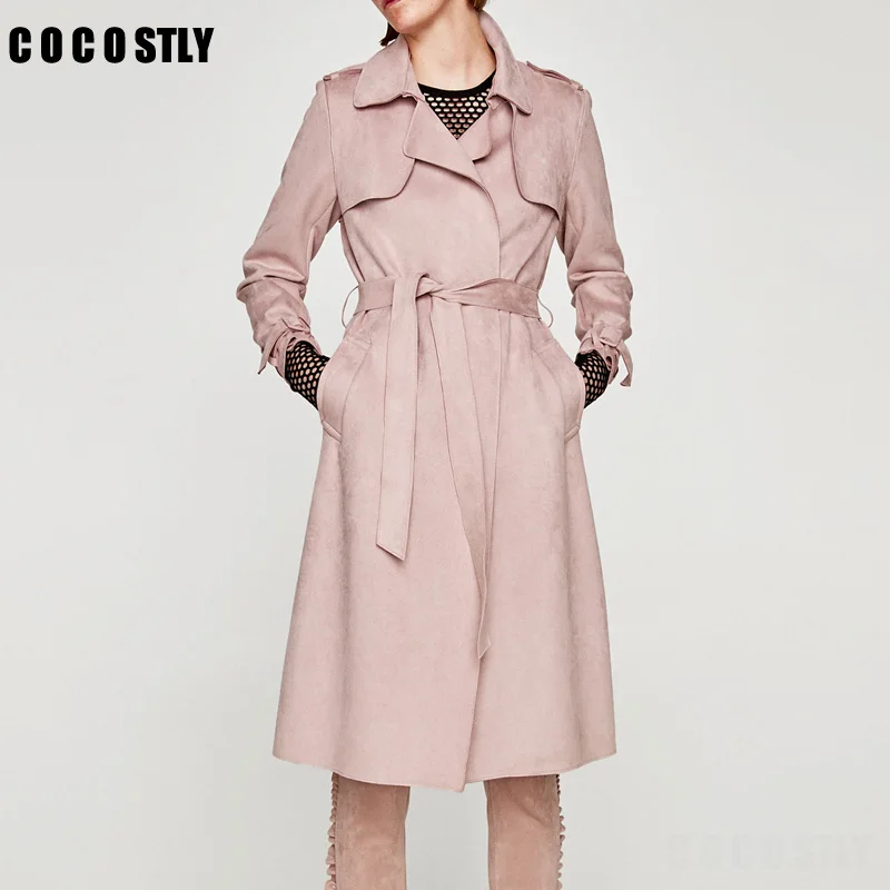Розовое замшевое пальто для женщин Abrigo Mujer Длинная Элегантная верхняя одежда женское пальто Тонкий замшевый кардиган Тренч