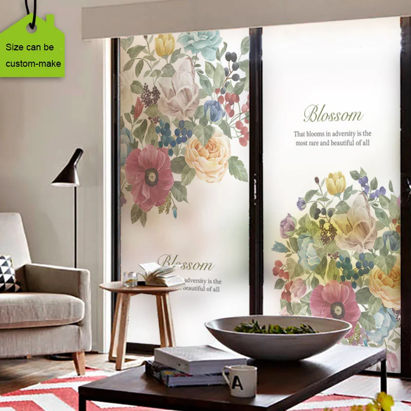 

Free size Static Glass Window Film Stained Decorative Privacy Window Films Peony Flower Size Customized Removable Natural Style