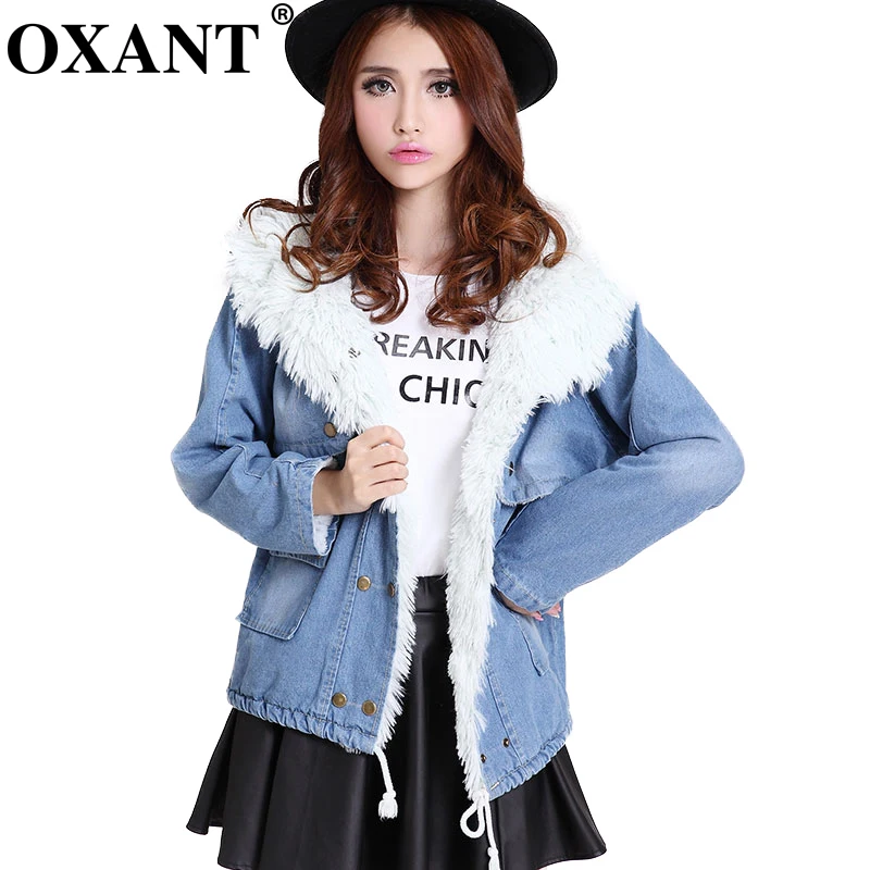 

OXANT 2019 Winter Fashion Denim Jacket Women Jackets Plush lining ladies Casual Coat Thick Fleece Blue Jeans Jacket XC244