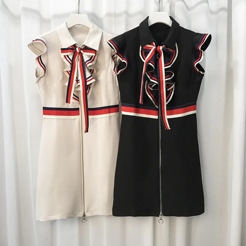 Estação europeia verão novo 2017 folha de lótus moda costura, laço laços, manga curta dresses L928