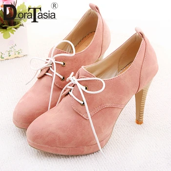 

DoraTasia Fashion Large Size Lace Up Super Thin High Heels Flock Cover Platform Ankle Boots For Ladies 2019 Shoes Woman 34-43
