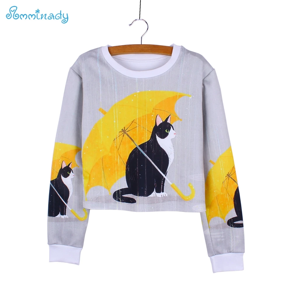 

Novelty black Cat under yellow umbrella print girls crop sweatshirts fashion women clothes Harajuku pullovers tracksuits