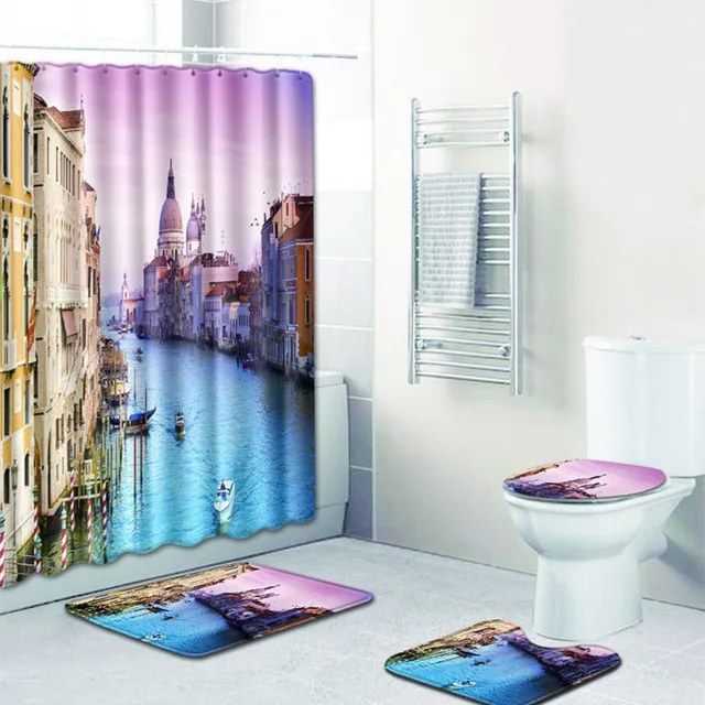 The 4 sets bathroom carpet and rug Shower City night scene Toilet seat cover bathroom non-slip carpet and shower curtain