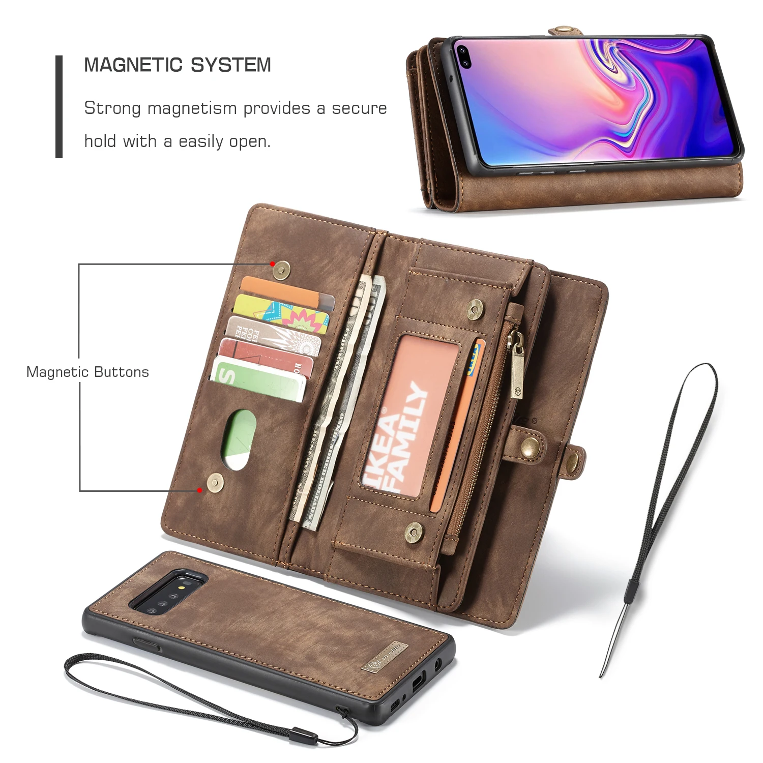  Detachable Wallet Zipper Flip Stand Case For Samsung Galaxy S10E S10 5G S9 S8 Plus S7edge Note 9 8 