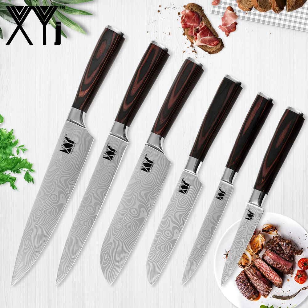 

6 Pieces Stainless Steel Knife Set 3.5" 5" 5" 7" 8" 8" Color Wood Handle Kitchen Knife Best Wave Veins Pattern Cooking Tools