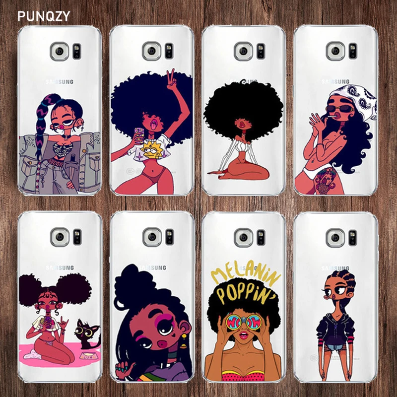 

PUNQZY Afro Black Girl Magic Melanin Poppin phone Case For Samsung A5 2017 S6 S7 edge S9 S8 Plus A6 2018 Soft TPU Transparent