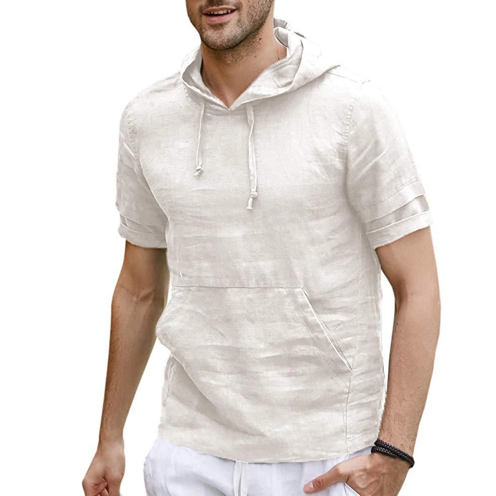 Мужская льняная футболка с коротким рукавом, дышащая летняя футболка, Мужская футболка с капюшоном, модная повседневная Уличная одежда, camisetas hombre