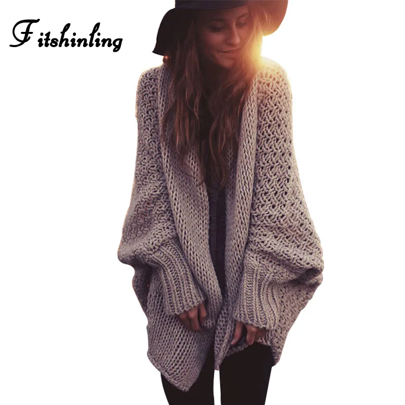 Fitshinling بوهو الشتاء بالأزرار للنساء كبيرة الحجم كم batwing البلوزات طويل سترة الإناث محبوك الملابس الكاكي السترات